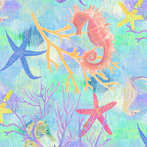 【nora. ノラ】24SU-ST1435-BR-B(ブロード)(3E-03) カラフル スカイブルー 生物 海 ヒトデ タツノオトシゴ デジタル コットン100% 【10cm単位販売】