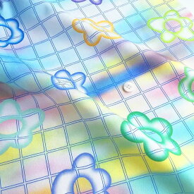 【nora. ノラ】25WI-ST1599-OX(3D) デジタル ネオンサイン フラワー 花 格子柄 ブロック チェック グラデーション モチーフ コットン100% オックス生地 オックスフォード生地 110cm幅【10cm単位販売】
