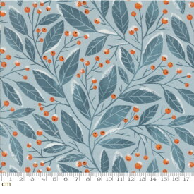 【Moda-k モダ】Purrfect Christmas-39045-13(3A-06) ヒイラギ柄 植物柄 クリスマス スカイブルー ブルー シーチング 110cm幅【10cm単位販売】