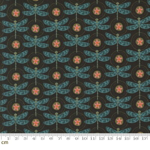 【Moda モダ】Sagewood-11952-22(3A-01) トンボ柄 とんぼ 蜻蛉 昆虫柄 花柄 総柄 おしゃれ ブラック ブルー コットン100% シーチング 110cm幅【10cm単位販売】