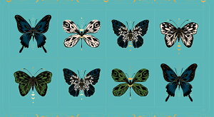 【Moda モダ】Tiger Fly-パネル(1P 60cm)-RS2012-13M(メタリック加工)(2D-01)(2C-06) ブルー系 ホワイト系 グリーン系 マルチカラー ゴールド 昆虫柄 植物柄 蝶 コットン100% シーチング