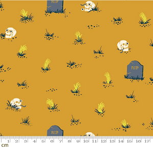 【Moda モダ】Tiny Frights-RS5122-11G(蓄光加工)(2E-08) イエロー系 暗闇で光る 墓地 ドクロ 骸骨 ゾンビ ハロウィン 蓄光加工 ルビースター コットン100% シーチング【10cm単位販売】