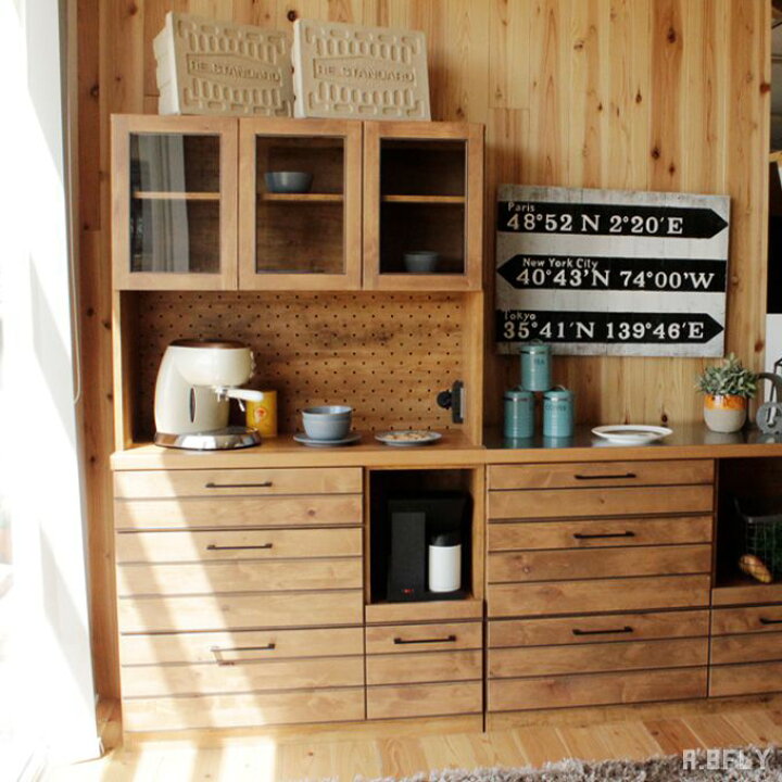 楽天市場 食器棚 カップボード キッチンボード 完成品 105幅 キッチン収納棚 レンジボード 引き戸 ヴィンテージ レトロ モダン 西海岸 キッチンボード カップボード ヴィンテージ インダストリアル ブラウン 木製 A Bfly ア ビーフライ