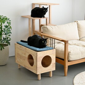 【マラソン限定｜最大6,000円OFFクーポン】キャットハウス 木製 サイドテーブル 幅73cm クッション付き 猫ベッド 隠れ家 4方向出入口 子猫 シニア猫 おしゃれ ナチュラル 猫家具