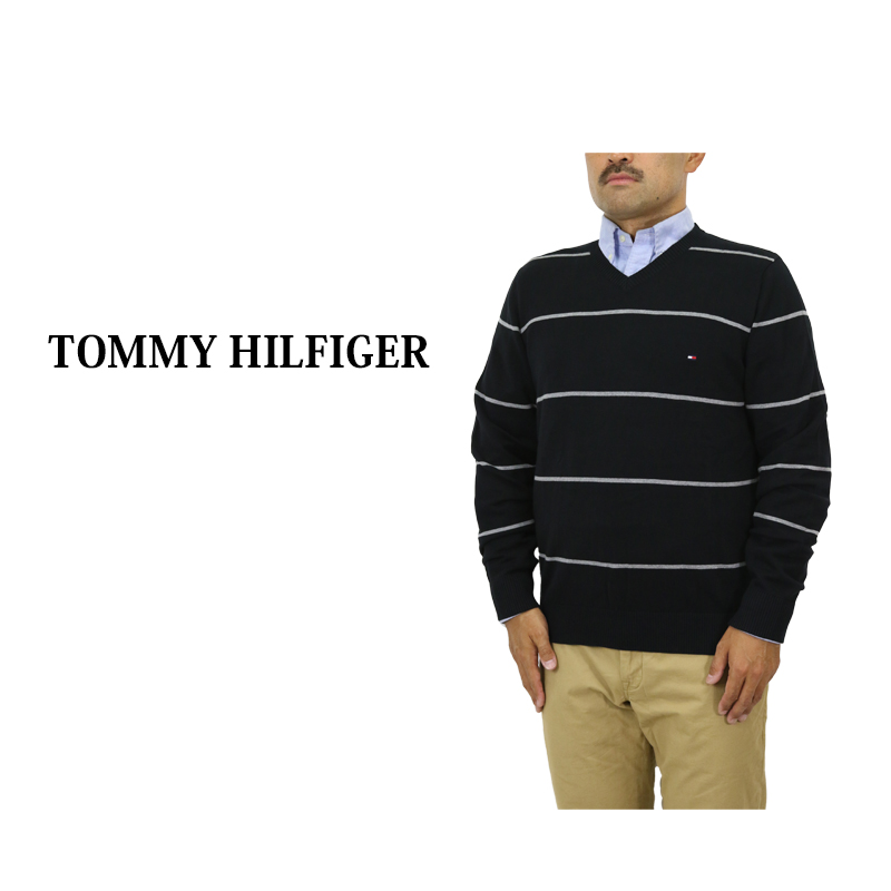 トミーヒルフィガー メンズ コットン Vネック ボーダー セーター ニット Tommy Hilfiger Men's V-neck Cotton  Crew Sweater US | donuts （ドーナッツ）