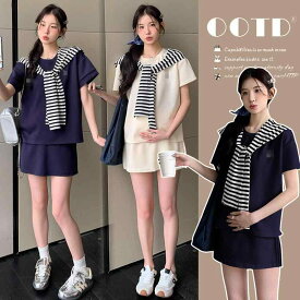 マタニティウェア 夏用 ゆったり 短袖 Tシャツ ショーツ スカート 2点セット 小柄対応 妊婦服 カジュアル トップス ボトムス 吸湿速乾 軽量 妊婦向け
