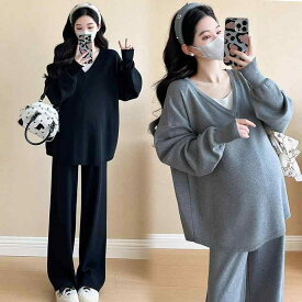マタニティ 秋冬 セット ゆったり ニット フェイクツーピース ワイドパンツ フィット 妊婦用 ファッション 快適 ストレッチ 韓国