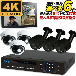 4K 防犯カメラ6台セット マイク内蔵 ドーム型 屋外 車上荒らし 防犯カメラ 監視カメラ 屋外 屋内 選べる 800万画素 夜間撮影 屋内ドーム型 暗視 遠隔監視 集音 広角 事務所 家庭 エントランス