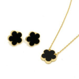 皐花1花 【セット】 ネックレス + ピアス or イヤリング お花 フラワー レッド 赤 黒 クローバーモチーフ ブランド トラベルジュエリー ギフト 送料無料 レディース フォーマル 高見え プレゼ