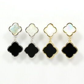 【割引】ピアス 2花 ゆらゆら2連 フラワーピアス カラーコンビ黄金花2花(上部白蝶貝・下部黒 ブラック) ショート クローバーモチーフ 四葉のクローバー トラベルジュエリー 送料無料 天然石 レディース フォーマル 高見え プレゼント おすすめ 人気