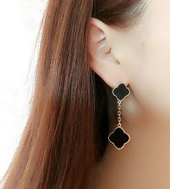 クローバー 2連 イヤリング ミル黄金花2花 黒オニキスカラー フラワー モチーフ ブラック 赤 ブランド ゴールド シルバー ピンクゴールド ギフト 送料無料 レディース 高見え プレゼント おすすめ 人気 ◆