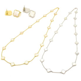 おすすめ ロングネックレス ピアス 【2点セット】 白蝶貝 クローバーピアス シェルネックレス 16花ネックレス 1花ピアス ギフト 送料無料 黄金花 高見え プレゼント ◆