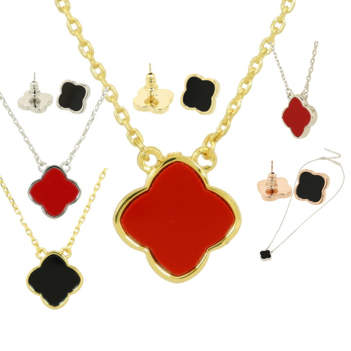 楽天市場】クローバー ネックレス ピアス 【セット商品】黒 黄金花1花  