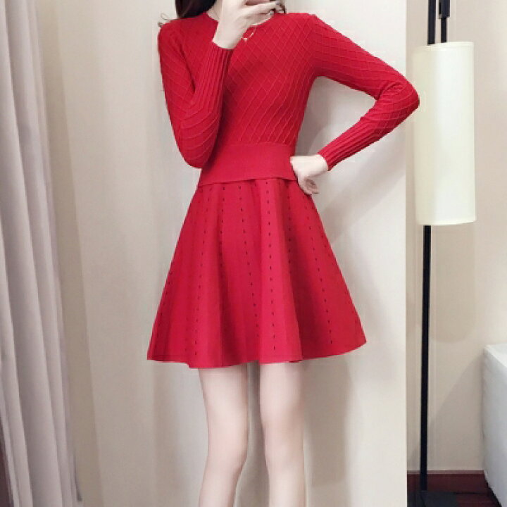 楽天市場 赤mラスト1点 ニットワンピース 長袖 ミニワンピース 3色 赤 白 黒 秋冬春 ダイエットワンピース 細見えワンピ Party Dress ドレス 送料無料 レディース フォーマル 高見え プレゼント おすすめ 人気 白蝶花 Perla Fiore