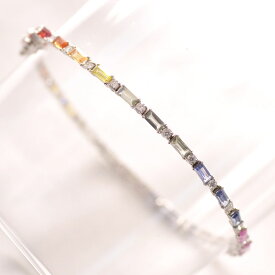 【ポイント10倍!】ブレスレット レディース プラチナ ダイヤモンド バケットカット マルチカラーサファイア テニスブレスレット 細身 刻印入り 鑑別書付き カラーストーン