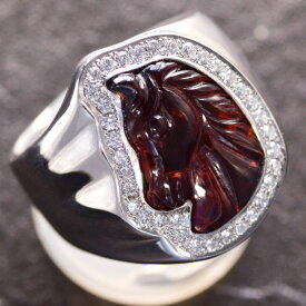 【マラソン同時開催★10%OFFクーポン】メンズ リング 指輪 プラチナ ガーネット ダイヤモンド 印台 幅広 馬 ホースモチーフ 男性 Pt900 19号 現品限り シンプル 30代 40代 50代