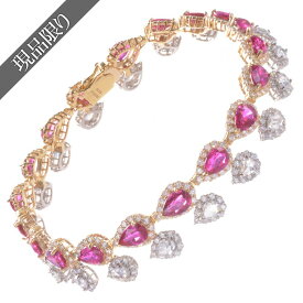 ブレスレット K18 18金 プラチナ 非加熱 ノーヒート ピジョンブラッド ルビー ダイヤモンド 18cm イエローゴールド ペアシェイプ ローズカットダイヤモンド レディース 2連 刻印入り AIGS 鑑別書付き【現品限り】【動画あり】