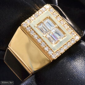 18金 印台 リング 指輪 メンズリング K18 18K バゲットカット ダイヤモンド シグネットリング イエローゴールド 男性 日本製 刻印入り 鑑別書付き ごつい 太め 幅広 30代 40代 50代