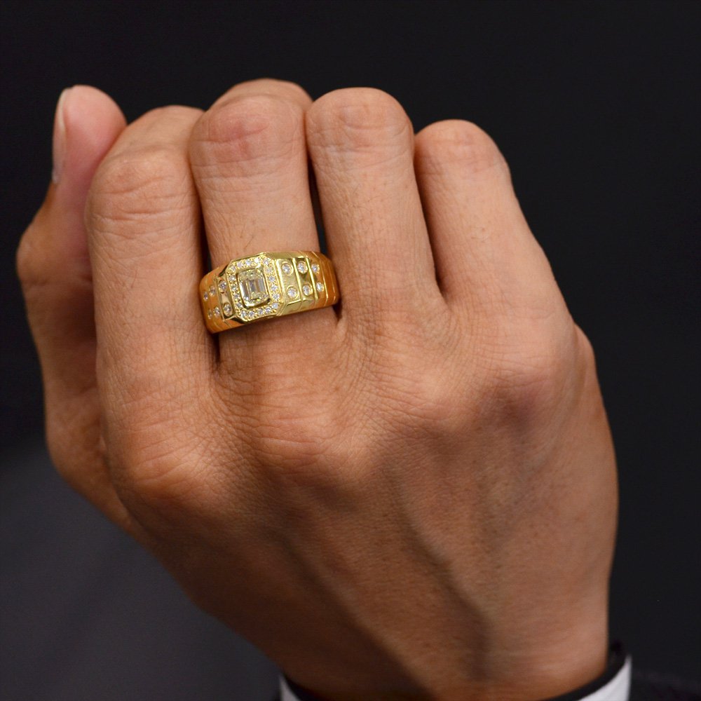 指輪 メンズリング 18金 K18 印台 ゴールド ダイヤモンド メンズ リング 男性 エメラルドカット 幅広 中央宝石研究所 一粒ダイヤ 日本製  刻印入り ごつい 太め【人気アイテム】 | アクセサリーマート