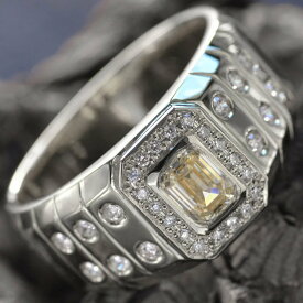 プラチナ リング メンズ 指輪 Pt900 印台 ダイヤモンド メンズ リング 男性 エメラルドカット 中央宝石研究所 一粒ダイヤ 日本製 刻印入り ごつい 太め シグネットリング