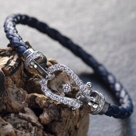 ダイヤモンド ブレスレット メンズ プラチナブレスレット プラチナ Pt900 バックル 革紐 編み込み レザー ネイビー 20cm 1.1カラット 日本製 シンプル プレゼント ギフト 【人気アイテム】