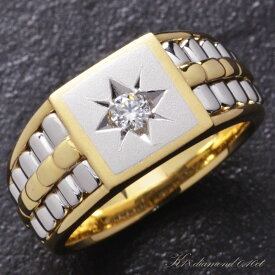 【マラソン限定★10%OFFクーポン!】指輪 メンズリング 印台 18金 K18 18K イエローゴールド プラチナ ダイヤモンド 後光留め コンビ シグネットリング ごつい 太め 日本製 刻印入り 鑑別書付き シンプル 30代 40代 50代 【人気アイテム】