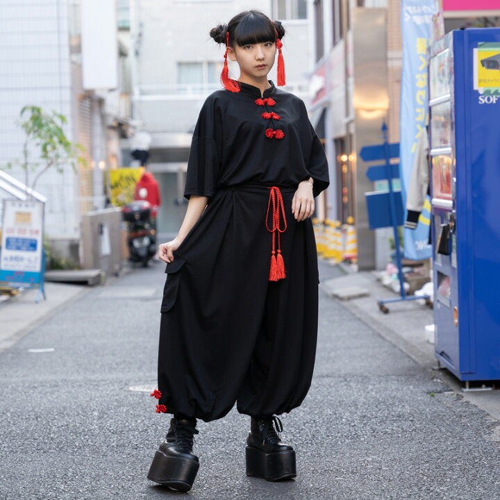 楽天市場 ボタンチャイナ チャイナ ボンタン パンツ ワイドシルエット ビッグシルエット オーバーサイズ パンク ロック ファッション V系 韓国 原宿 原宿系 病みかわいい 病みかわ 派手カワ ダンス 衣装 個性的 黒 ブラック レディース メンズ Acdcrag Acdc Rag 原宿