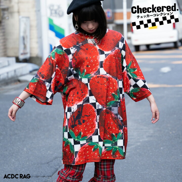 楽天市場 Cストロベリー ヒュージtシャツ 半袖 パンク ロック V系 ファッション バンギャ 原宿系 原宿 病み 病みかわいい 派手カワ イチゴ チェック 市松模様 レディース メンズ ビッグシルエット オーバーサイズ 大きいサイズ ブラック Acdcrag メール便可 Acdc Rag