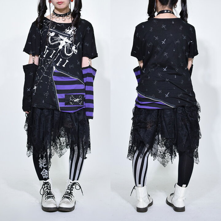 楽天市場 シャンデリア2waytシャツ 長袖 半袖 Tシャツ ロングtシャツ ロンt ボーダー ゴシック パンク ロック 原宿系 レディース ファッション V系 バンギャ 黒 薄手 ダンス衣装 ダンス 衣装 ライブ衣装 十字架 クロス 赤 紫 白 派手 個性的 Acdcrag メール便可 Acdc