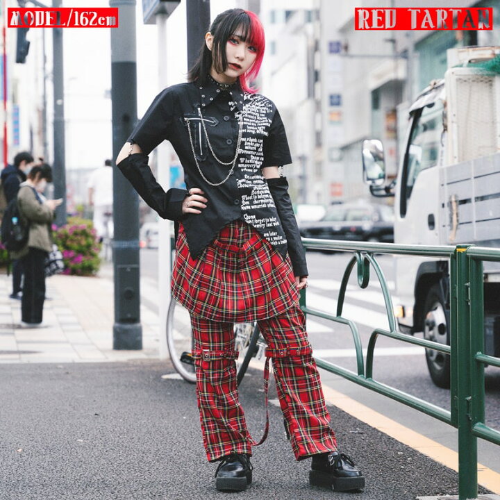 楽天市場 ボンテージパンツ ボンテージパンツ パンツ パンク ロック ファッション V系 ロカビリー 原宿 原宿系 レディース コスプレ バンド ビジュアル系 ヴィジュアル系 モード 10分丈 かっこいい 個性的 ダンス衣装 チェック タータンチェック 赤 黒 Acdc Rag Acdc
