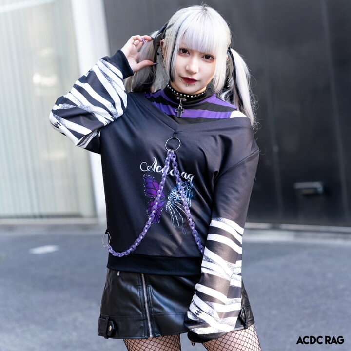 楽天市場 アンデッドバタフライ スウェット オフショル 長袖 パンク ロック V系 ファッション バンギャ 原宿系 原宿 韓国 病み 病みかわいい 派手カワ 個性的 蝶 クリア チェーン 骨 レディース 衣装 ダンス衣装 ビッグシルエット オーバーサイズ 大きいサイズ パープル