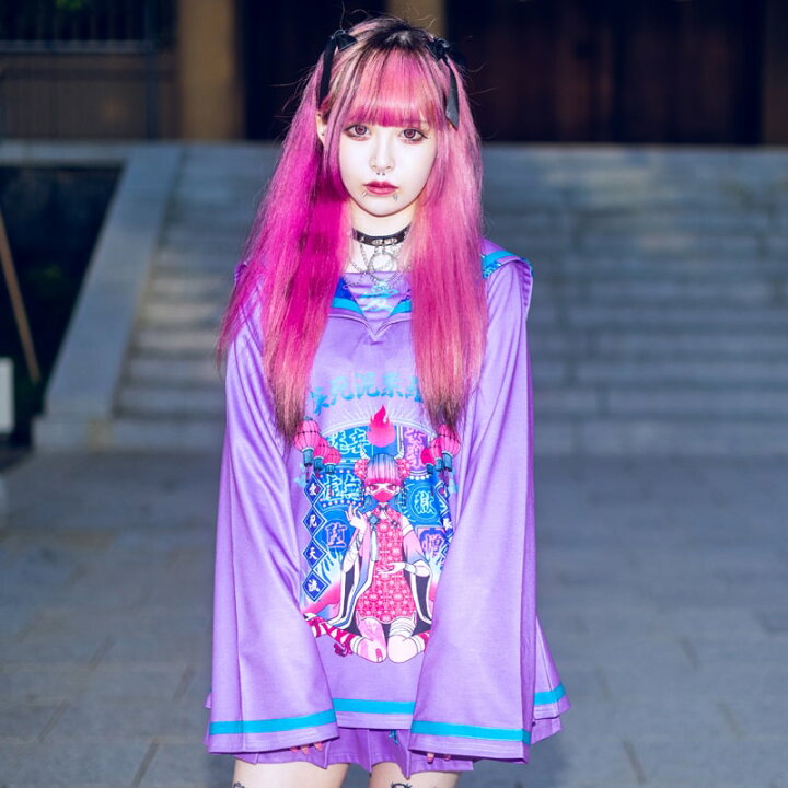 楽天市場 愛死天流 セーラー Tシャツ ロンt 長袖 ファッション 原宿系 原宿 病み 病みかわいい 派手カワ パンク ロック 中華風 Neoチャイナ 和風 イラスト 女の子 個性的 レディース ブラック パープル 大きいサイズ Acdcrag Acdc Rag 原宿竹下通り店