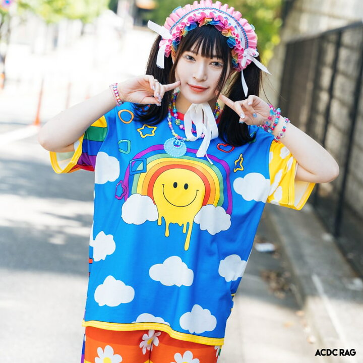 楽天市場 げーむせんた れいんぼお Tシャツ 半袖 カットソー 原宿系 原宿 派手カワ ファッション かわいい カラフル デコラ 女の子 個性的 スマイル ポップ キュート ファンシー ダンス 衣装 ダンス衣装 ヒップホップ レディース メンズ Acdcrag メール便可 Acdc
