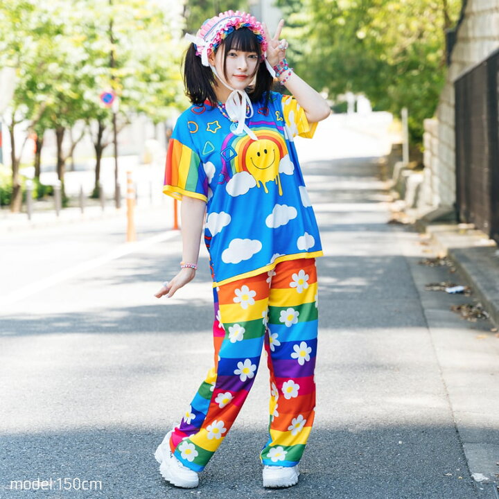 楽天市場 げーむせんた れいんぼお Tシャツ 半袖 カットソー 原宿系 原宿 派手カワ ファッション かわいい カラフル デコラ 女の子 個性的 スマイル ポップ キュート ファンシー ダンス 衣装 ダンス衣装 ヒップホップ レディース メンズ Acdcrag メール便可 Acdc