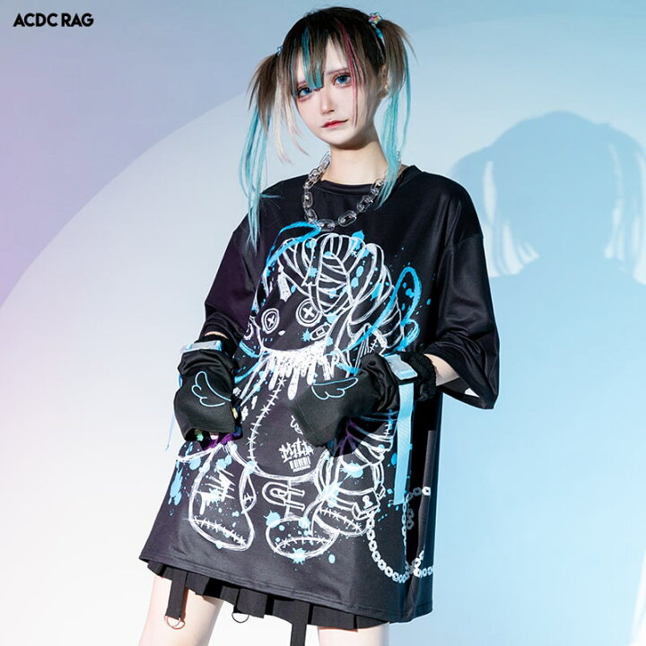 楽天市場 Bloodミル Tシャツ 半袖 原宿系 原宿 派手カワ ファッション パンク ロック サイバー うさぎ イラスト 病みかわ 病みかわいい 個性的 ダンス 衣装 ダンス衣装 ヒップホップ レディース ブラック ブルー 大きいサイズ Acdcrag メール便可 Acdc Rag 原宿竹下