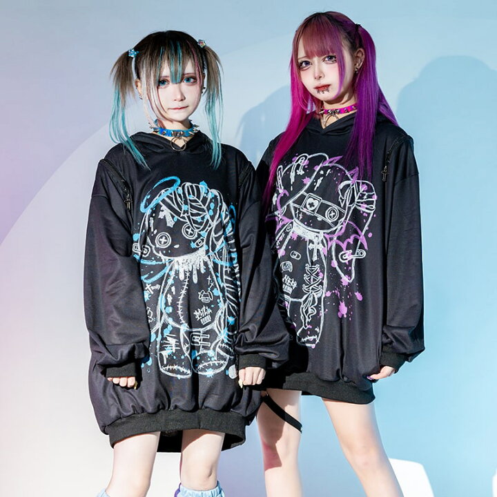 10 19発売 病みかわバニーにサイバーをミックス パーカー 原宿 原宿系 パンク ロック サイバー ブラック Bloodミル 長袖 派手カワ ファッション うさぎ うさみみ イラスト 病みかわ 病みかわいい 個性的 ダンス 衣装 ダンス衣装 ヒップホップ レディース ブルー 大きい
