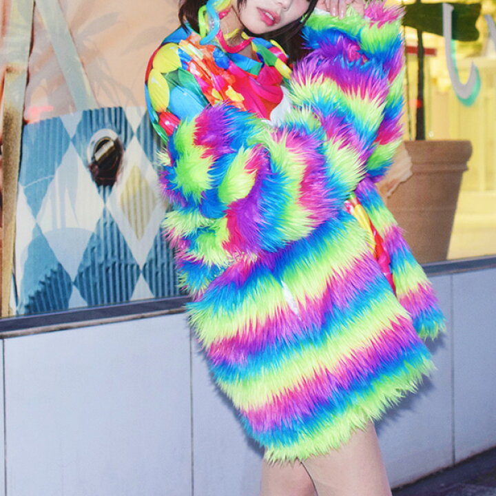 楽天市場 エコファーコートd ファー コート レディース アウター 冬物 もこもこ モコモコ カラフル レインボー 虹 派手 原宿系 ファッション ゆめかわいい かわいい フェイクファー 個性派 個性的 Acdcrag Acdc Rag 原宿竹下通り店