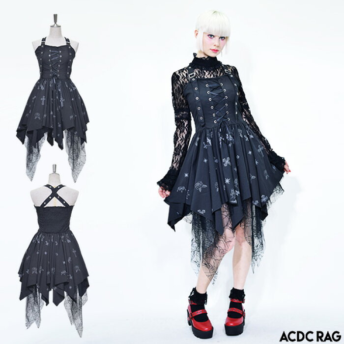 クロスワンピース ゴスロリ ワンピース 黒 ドレス 衣装 服 ゴシック ロリータ ゴス パンク ロック V系 バンギャ 変形 総柄 原宿 原宿系 ファッション レディース メイド コスチューム コスプレ ブラック Acdc Rag 日本代購流行生活代購館 Myjp 日本代購