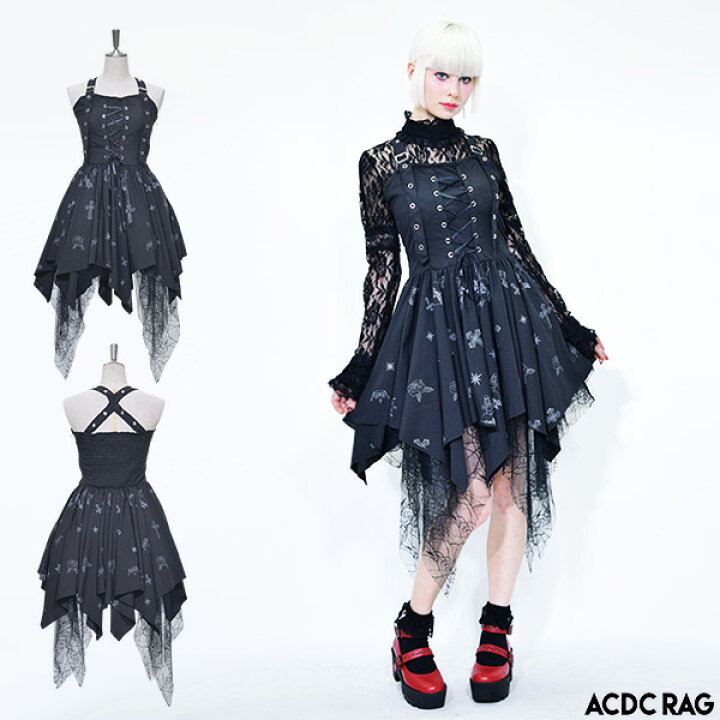 楽天市場 クロスワンピース ゴスロリ ワンピース 黒 ドレス 衣装 服 ゴシック ロリータ ゴス パンク ロック V系 バンギャ 変形 総柄 原宿 原宿系 ファッション レディース メイド コスチューム コスプレ ブラック Acdc Rag Acdc Rag 原宿竹下通り店