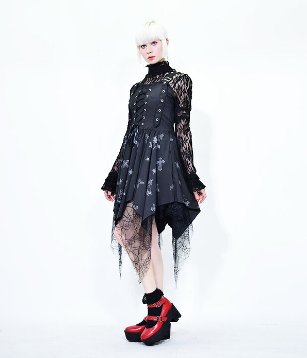 楽天市場 クロスワンピース ゴスロリ ワンピース 黒 ドレス 衣装 服 ゴシック ロリータ ゴス パンク ロック V系 バンギャ 変形 総柄 原宿 原宿系 ファッション レディース メイド コスチューム コスプレ ブラック Acdc Rag Acdc Rag 原宿竹下通り店