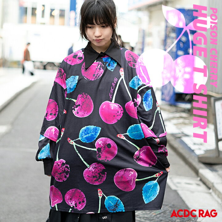 楽天市場 チェリー ヒュージtシャツ 原宿系 ファッション Tシャツ パンク ロック V系 病みかわいい 病みカワ オーバーサイズ 大きいサイズ レディース メンズ バンギャ ライブ 衣装 派手カワ 個性的 ダンス衣装 パープル ブラック Acdcrag メール便可 Acdc Rag 原宿