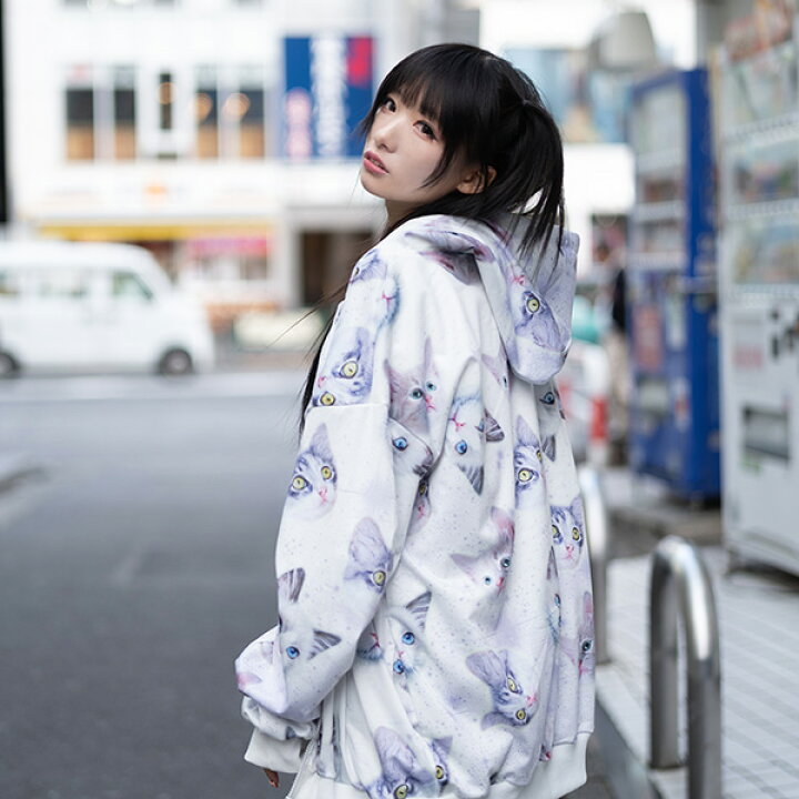 楽天市場】CAT ZIP BIGパーカー 猫 猫柄 ネコ ねこ ゆめかわいい  
