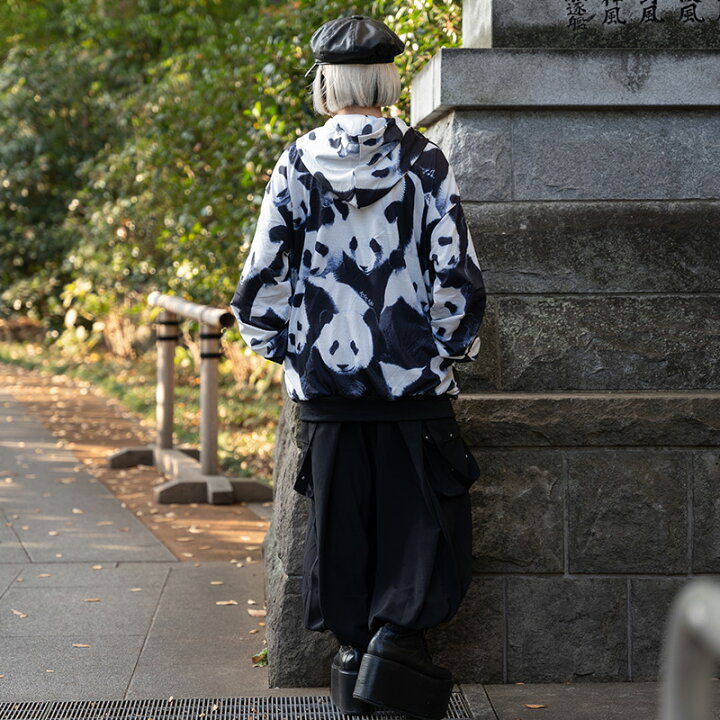 楽天市場 パンダ Zip Bigパーカー 長袖 薄手 レディース メンズ グッズ 服 原宿 原宿系 ファッション サブカル 動物 アニマル 服 総柄 大きいサイズ 派手 かわいい 派手カワ 個性的 パンク ロック V系 病みかわいい プルパーカー 白 黒 Acdcrag Acdc