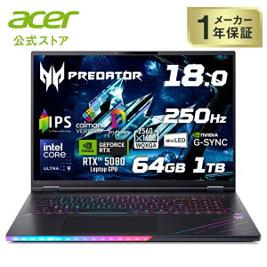 Acer �Q�[�~���O�m�[�g�p�\�R�� Predator Helios 18 AI Windows 11 Home Core Ultra 9 290HX Plus RTX 5080 IPS Mini LED WQXGA 250Hz G-SYNC Calman�F�� DCI-P3 100% 64GB������ 1TB SSD PH18-I71-A96Z58/E