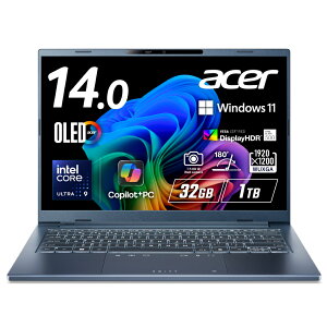 Acer Swift Go 14 AI Ce Core Ultra 9 OLED  DCI-P3 100% WUXGA 16:10 32GB 1TB SSD 14C` 23.5ԋ쓮 ^y 1.24kg 207f IR WebJ Wi-Fi 7 {L[{[h Copilot{PC X`[u[ SFG14-