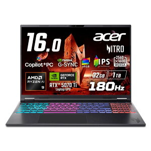 Acer �Q�[�~���O �m�[�g�p�\�R��Nitro 16S AI Ryzen AI 9 365 RTX 5070 Ti 32GB�������[ 1TB SSD 16�C���` WQXGA 16:10 IPS ����� 180Hz sRGB 100% G-SYNC WiFi 6E Bluetooth 5.2 �L��LAN Windows 11 ���{��L�[�{�[�h AN16S-61-F93Z57T