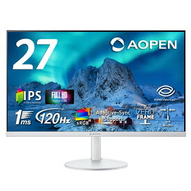 AOPEN モニター 27インチ ワイド フルHD(1920×1080) IPS 非光沢 120Hz 1ms(TVR) sRGB 99% Adaptive-Sync ゼロフレーム 超薄型 HDMI 1.4 ミニD-Sub 15ピン スピーカー内蔵 ヘッドフォン端子 音声入力端子 ブルーライト低減 6軸カラー VESAマウント対応 ホワイト 27SB3G0wmix