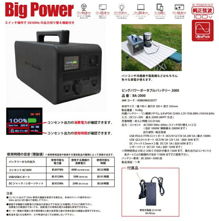 楽天市場】富士倉 ビッグパワーポータブルバッテリー BA-2000 大容量 
