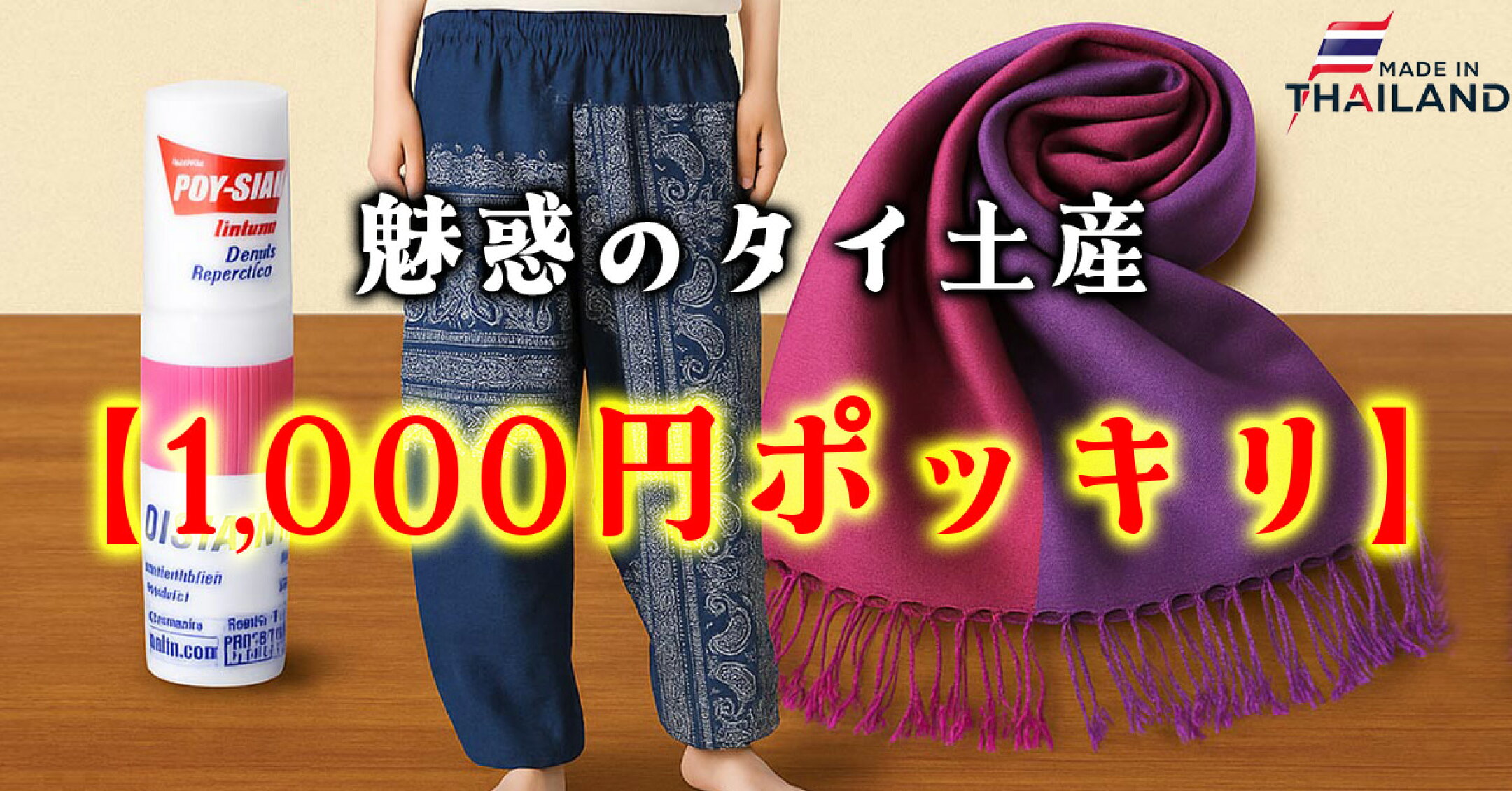 本場の香り漂うヤードムやカラフルなタイパンツ、上質なタイシルクスカーフが、なんと1,000円ぽっきり！今すぐ旅気分をおうちで体験しよう。ちょっとしたお土産にも最適☆話題づくりにもなりますよ♪