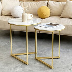 UNHO ネストテーブル 丸 大理石天板×ゴールド脚 サイドテーブル 2個セット センターテーブル ホワイト 円形 丸テーブル おしゃれ インテリア